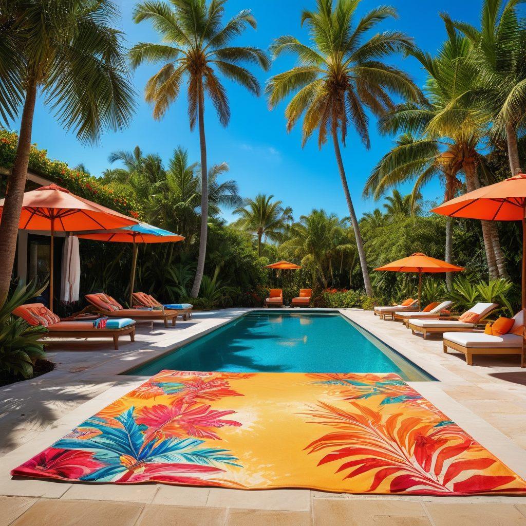 A stylish summer scene showcasing a fashionable poolside setting blending seamlessly into vibrant ocean waves. The foreground features diverse models wearing trendy swimwear with bold patterns and bright colors, lounging by a luxe pool. In the background, palm trees sway and beach umbrellas dot the shoreline, creating a sunny and playful atmosphere. Add splashes of water and colorful beach towels for a dynamic touch. super-realistic. vibrant colors. tropical vibe.