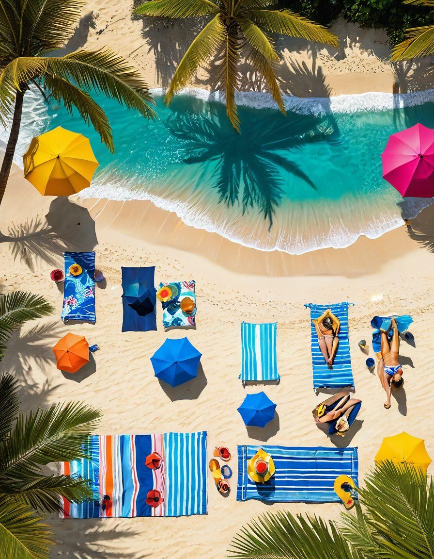 A sun-kissed beach scene featuring a diverse group of stylish people showcasing various trendy bikinis and beachwear, vibrant beach towels, colorful umbrellas, and beach accessories, with waves gently lapping the shore in the background. Incorporate tropical plants and a bright blue sky to enhance the summer vibe. super-realistic. vibrant colors. sunny atmosphere.